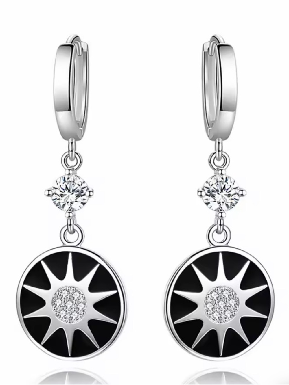 New Black Enameled Sunburst Sterling Earrings